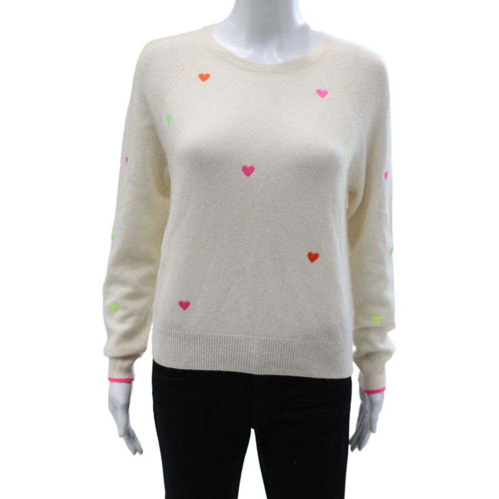 Brodie Women Ivory Cashmere Hearts Pullover Sweater Size XS